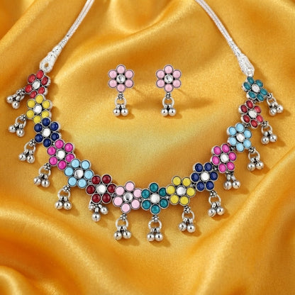 JFL - Jewellery for Less Oxidized German Silver Flower Necklace Set with Earrings – Multicolor Stone Choker Jewellery Set for Women & Girls, Traditional Ethnic Antique Silver Combo