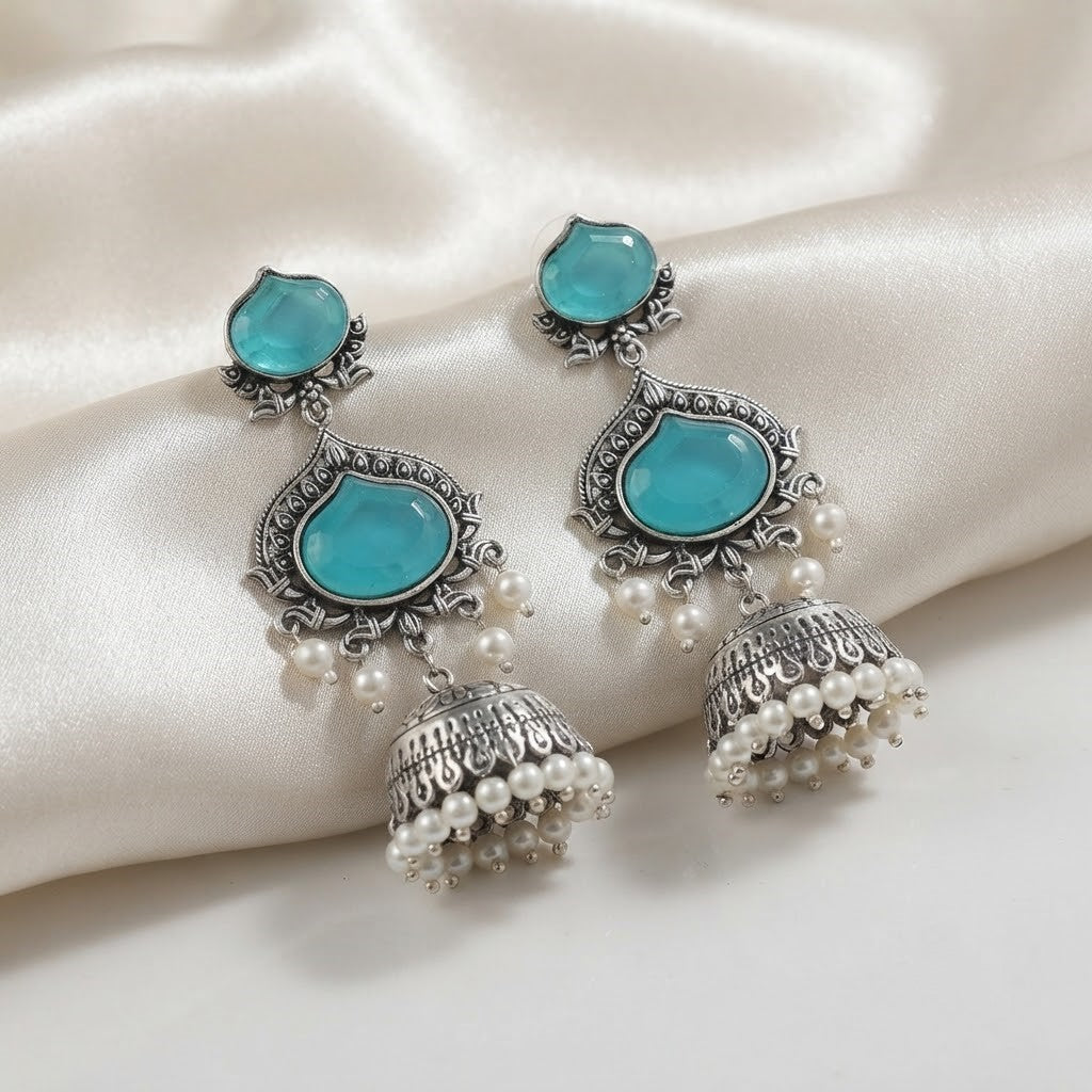 JFL - Jewellery for Less Oxidized Silver-Toned Jhumka Earrings with Sky Blue Stone and Pearl Drops – Traditional Ethnic Jewellery for Women