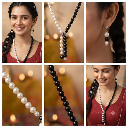 JFL - Jewellery for Less Pearl and Black Bead Asymmetric Necklace Set with Drop Earrings for Women | Oxidized Silver Accent Traditional Ethnic Jewellery | Navratri Festive