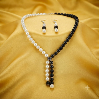 JFL - Jewellery for Less Pearl and Black Bead Asymmetric Necklace Set with Drop Earrings for Women | Oxidized Silver Accent Traditional Ethnic Jewellery | Navratri Festive
