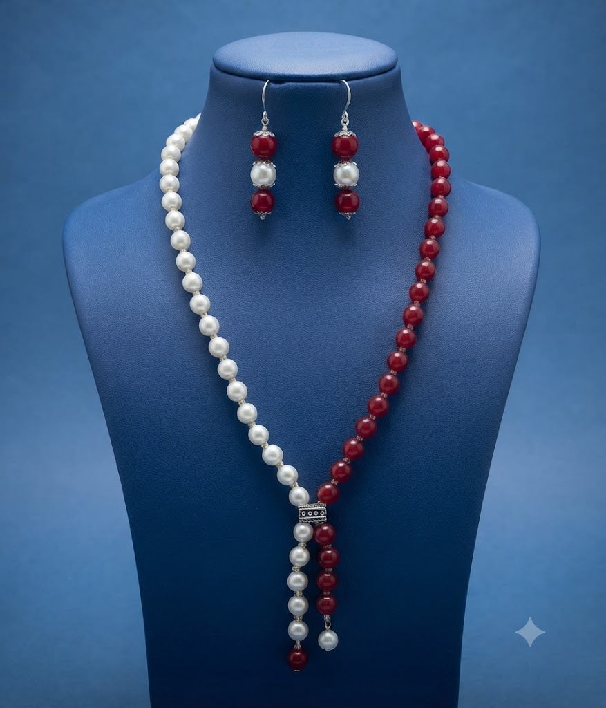 JFL - Jewellery for Less Pearl and Red Bead Asymmetric Necklace Set with Drop Earrings for Women | Oxidized Silver Accent Traditional Ethnic Jewellery | Navratri Festive