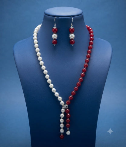 JFL - Jewellery for Less Pearl and Red Bead Asymmetric Necklace Set with Drop Earrings for Women | Oxidized Silver Accent Traditional Ethnic Jewellery | Navratri Festive
