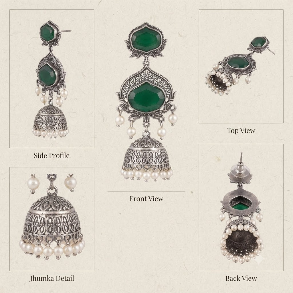 JFL - Jewellery for Less Oxidized Silver-Toned Jhumka Earrings with Green Stone and Pearl Drops – Traditional Ethnic Jewellery for Women