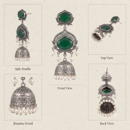 JFL - Jewellery for Less Oxidized Silver-Toned Jhumka Earrings with Green Stone and Pearl Drops – Traditional Ethnic Jewellery for Women
