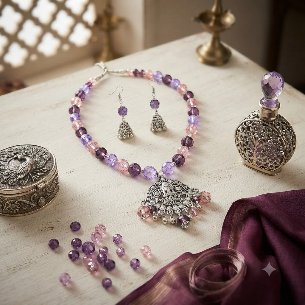 JFL - Jewellery for Less Oxidized Silver Lakshmi Pendant Beaded Necklace Earrings Set – Purple Lavender Peach Crystal Beads Jhumka Earring Jewellery Set for Women & Girls