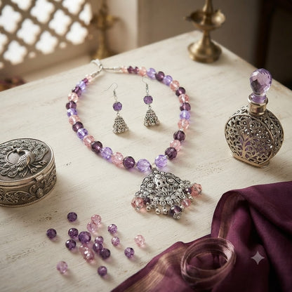 JFL - Jewellery for Less Oxidized Silver Lakshmi Pendant Beaded Necklace Earrings Set – Purple Lavender Peach Crystal Beads Jhumka Earring Jewellery Set for Women & Girls