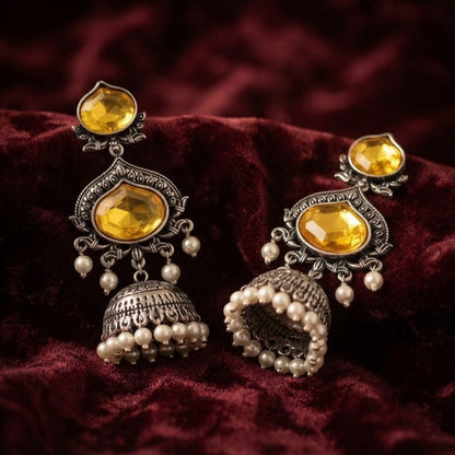 JFL - Jewellery for Less Oxidized Silver-Toned Jhumka Earrings with Yellow Stone and Pearl Drops – Traditional Ethnic Jewellery for Women