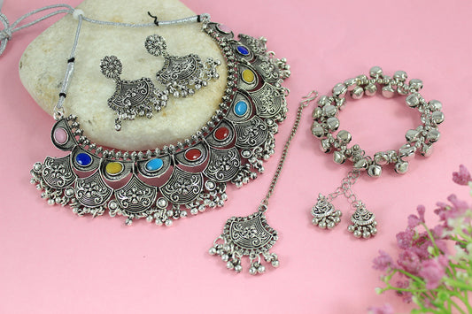 JFL - Jewellery for Less Navratri Special Oxidised Silver Plated Multicolor Stone Necklac Set for Women & Girls – Statement Necklace, Earrings, Maang Tikka & Multicolor Beaded Bracelet Combo