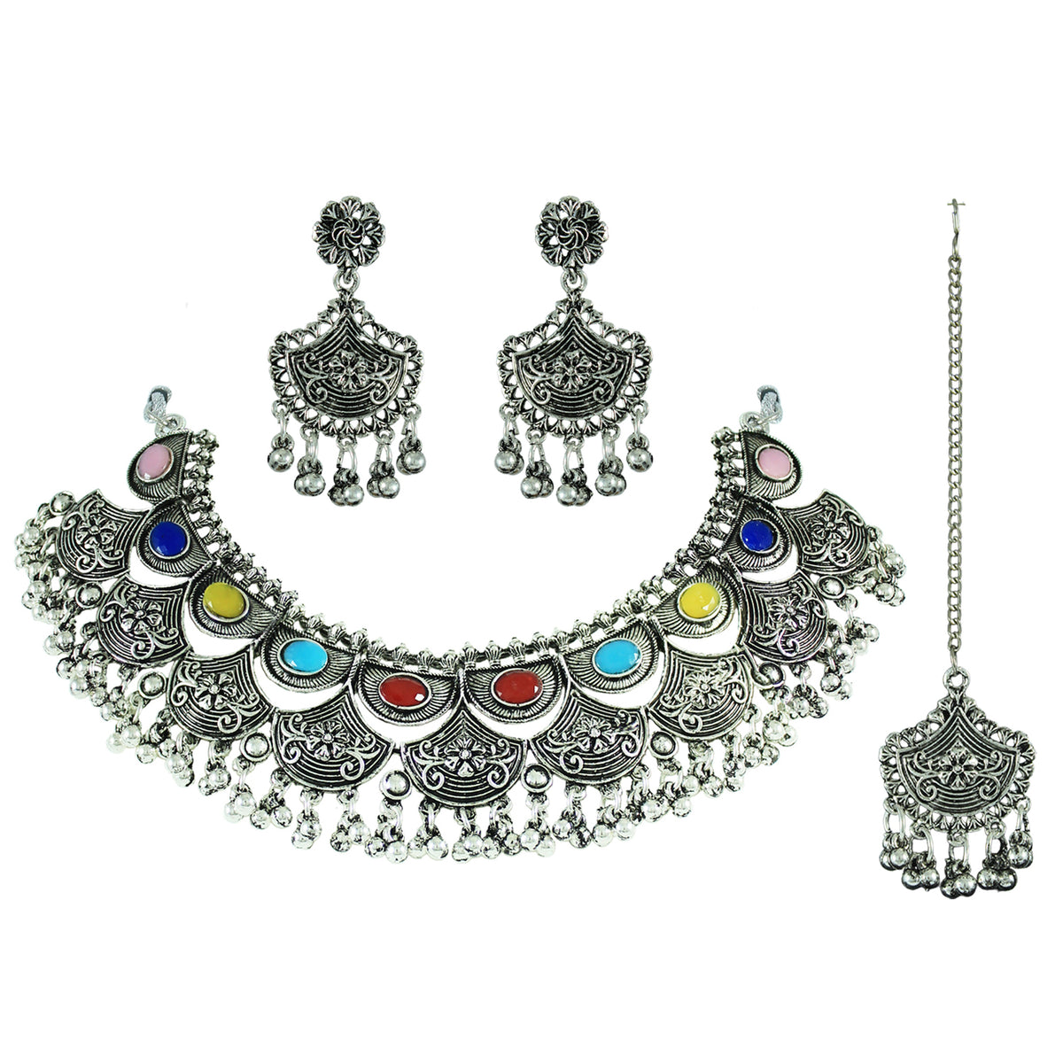 JFL - Jewellery for Less Navratri Special Oxidised Silver Plated Multicolor Stone Necklac Set for Women & Girls – Statement Necklace, Earrings, Maang Tikka & Multicolor Beaded Bracelet Combo