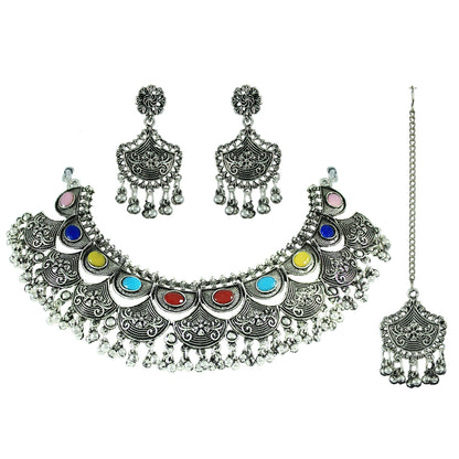 JFL - Jewellery for Less Navratri Special Oxidised Silver Plated Multicolor Stone Necklac Set for Women & Girls – Statement Necklace, Earrings, Maang Tikka & Multicolor Beaded Bracelet Combo