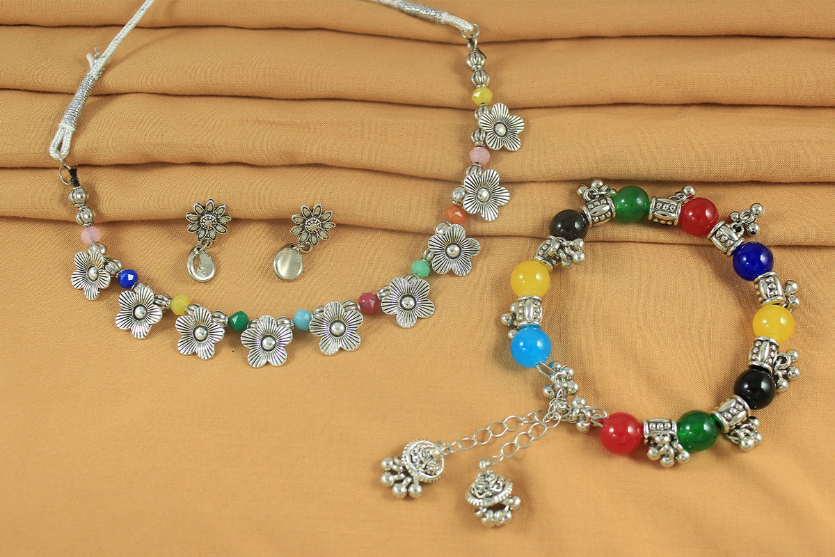 JFL - Jewellery for Less Combo of Oxidised Silver Plated Floral Necklac Set with Multicolor Beaded Bracelet for Women & Girls (Navratri Special)