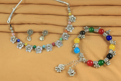 JFL - Jewellery for Less Combo of Oxidised Silver Plated Floral Necklac Set with Multicolor Beaded Bracelet for Women & Girls (Navratri Special)
