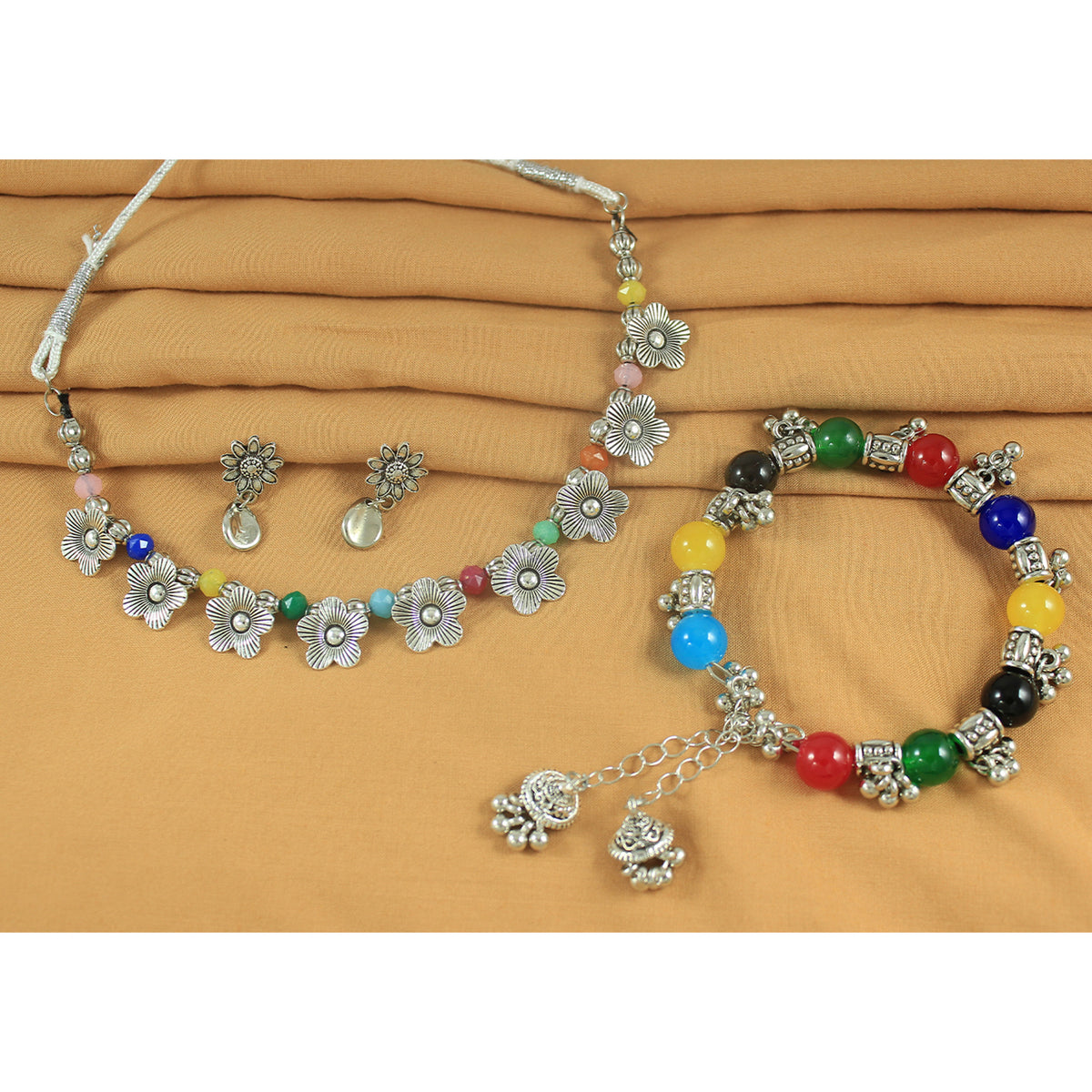 JFL - Jewellery for Less Combo of Oxidised Silver Plated Floral Necklac Set with Ghungroo Bracelet for Women & Girls (Navratri Special)