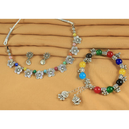 JFL - Jewellery for Less Combo of Oxidised Silver Plated Floral Necklac Set with Ghungroo Bracelet for Women & Girls (Navratri Special)