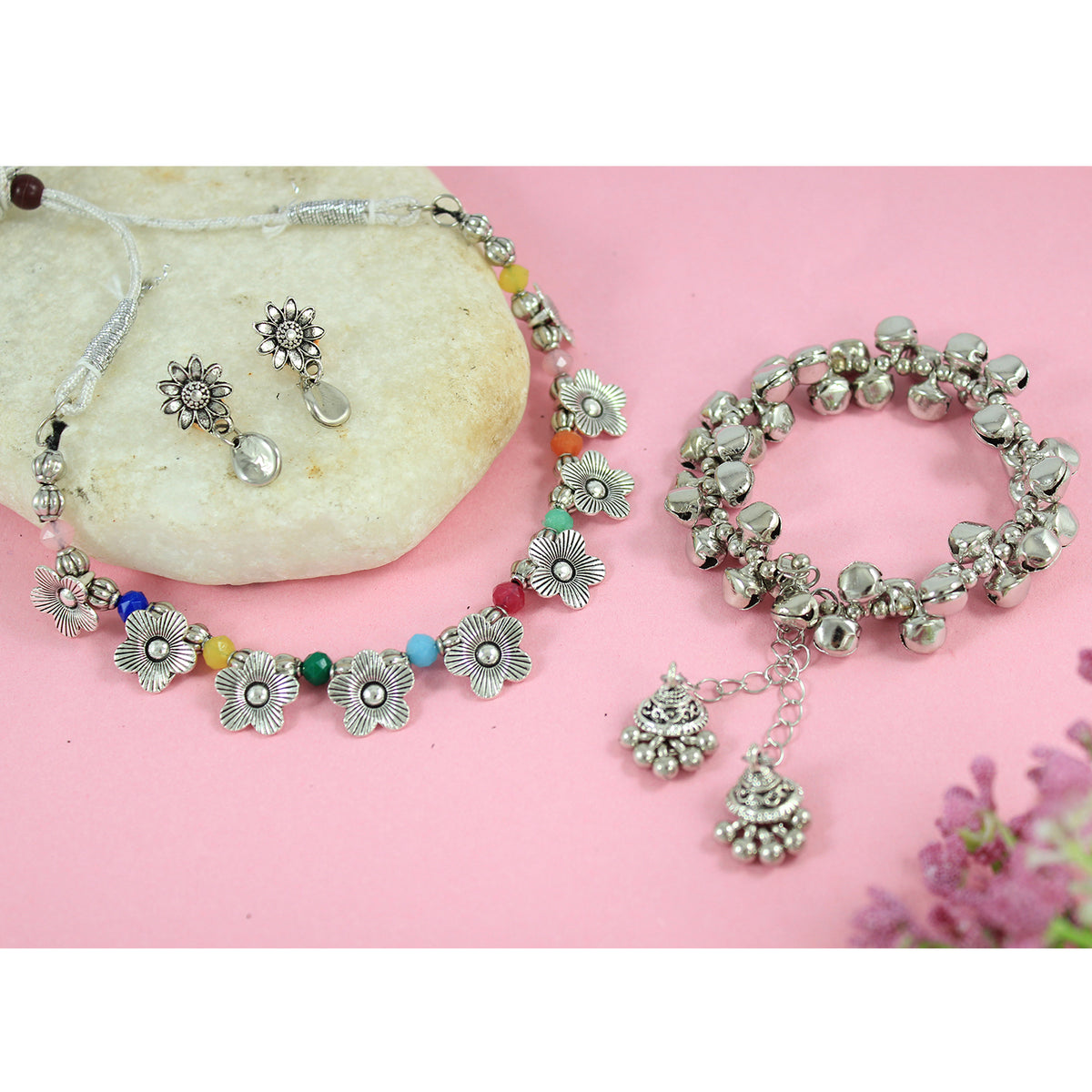 JFL - Jewellery for Less Combo of Oxidised Silver Plated Floral Necklac Set with Ghungroo Bracelet for Women & Girls (Navratri Special)