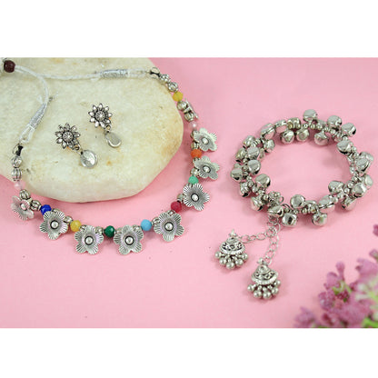 JFL - Jewellery for Less Combo of Oxidised Silver Plated Floral Necklac Set with Ghungroo Bracelet for Women & Girls (Navratri Special)