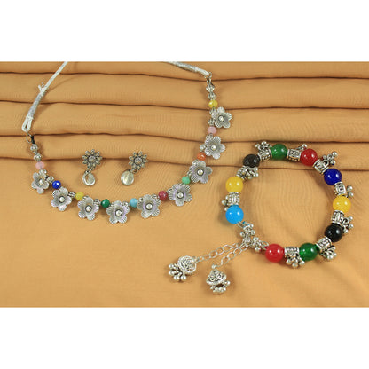 JFL - Jewellery for Less Combo of Oxidised Silver Plated Floral Necklac Set with Multicolor Beaded Bracelet for Women & Girls (Navratri Special)
