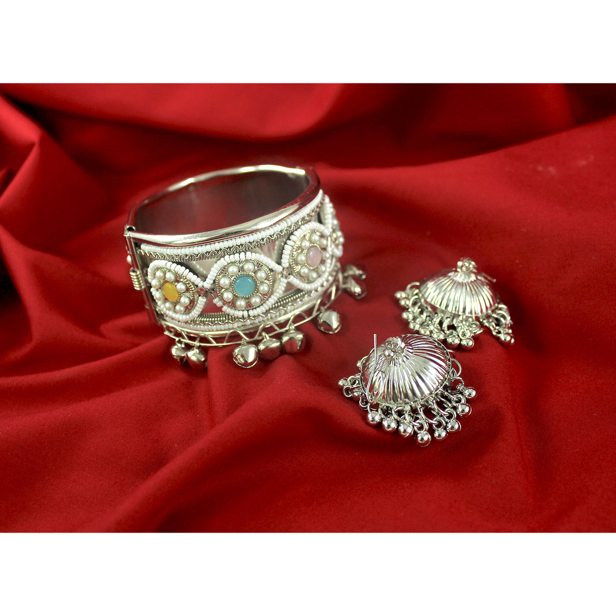 JFL - Jewellery for Less Oxidised Silver-Plated Kada & Earrings Combo for Women & Girls – Antique Finish with White Beads,Multi Stones & Shell-Inspired Danglers – Ethnic Jewellery Set for Navratri