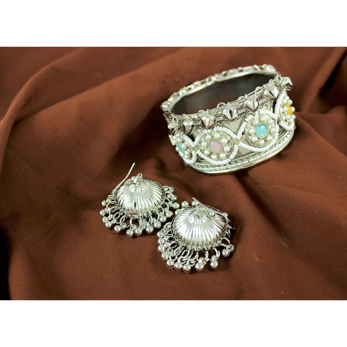 JFL - Jewellery for Less Oxidised Silver-Plated Kada & Earrings Combo for Women & Girls – Antique Finish with White Beads,Multi Stones & Shell-Inspired Danglers – Ethnic Jewellery Set for Navratri