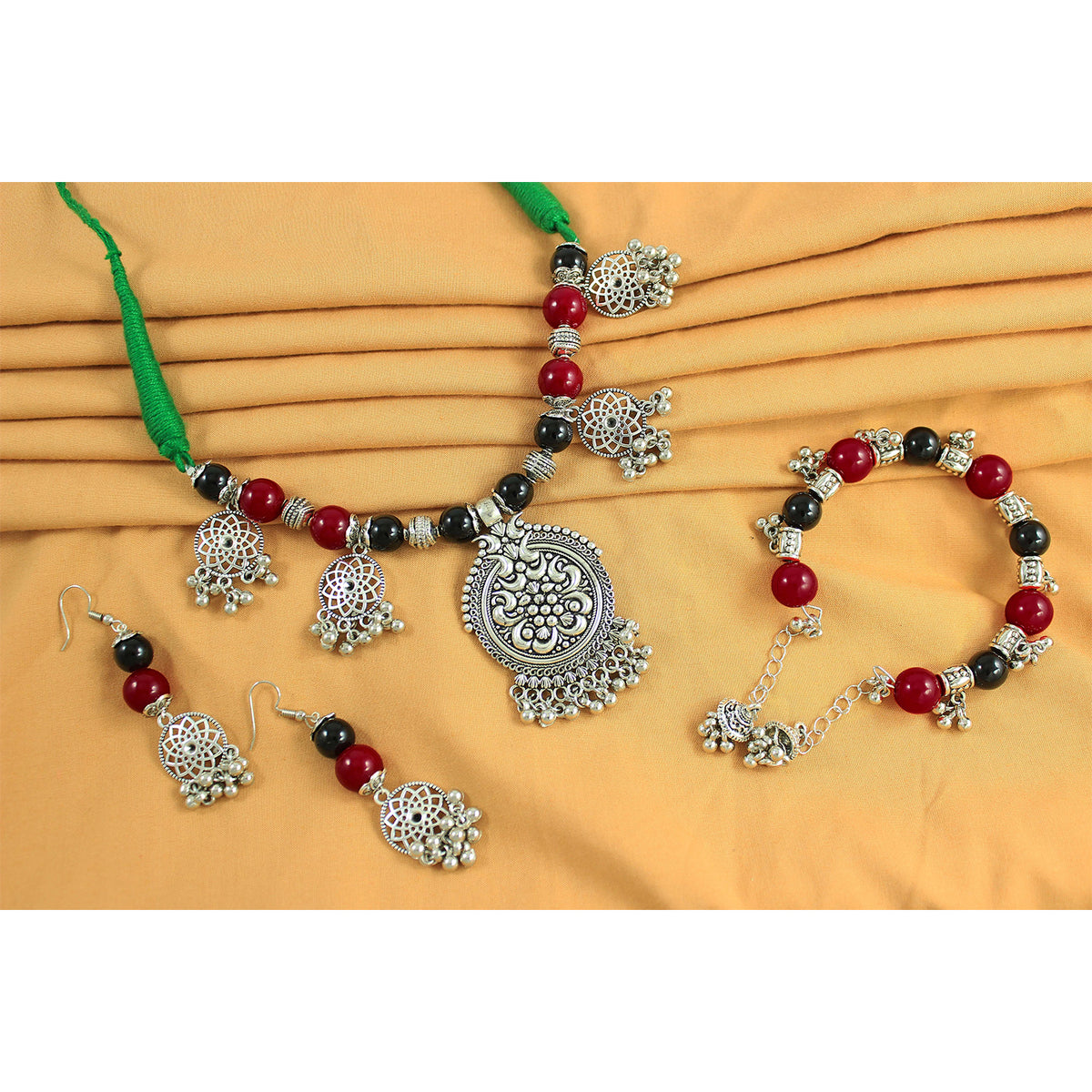 JFL-Jewellery for Less Maroon & Black Beaded Jewellery Set – Necklace, Earrings & Bracelet with Oxidised Silver 5‑Pendant Floral Necklace on Green Cord , Navratri, Garba