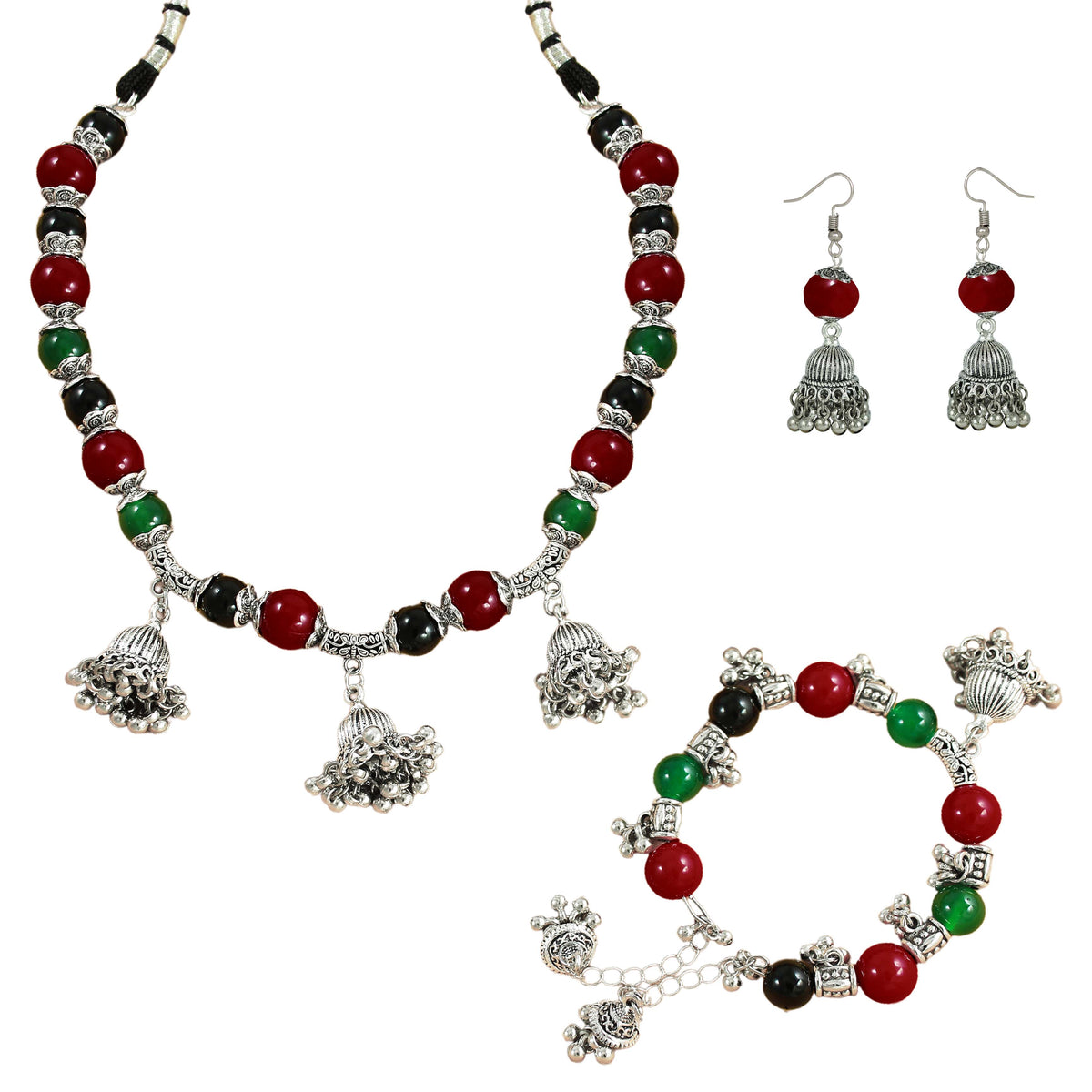 JFL-Jewellery for Less Maroon Green & Black Necklace Earrings Bracelet Set with Oxidised Silver Beads & Jhumka Danglers – Traditional Jewellery for Women & Girls, Navratri, Garba