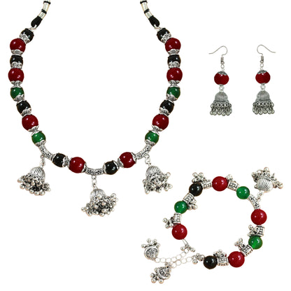 JFL-Jewellery for Less Maroon Green & Black Necklace Earrings Bracelet Set with Oxidised Silver Beads & Jhumka Danglers – Traditional Jewellery for Women & Girls, Navratri, Garba
