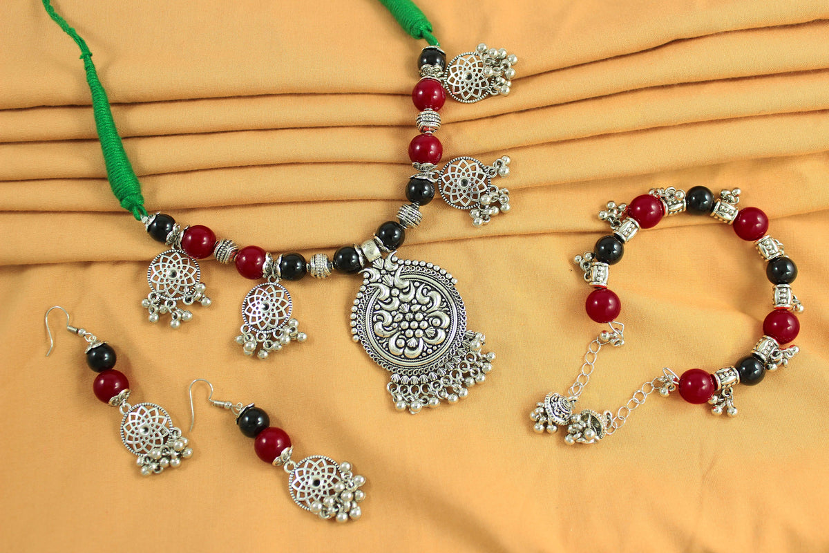JFL-Jewellery for Less Maroon & Black Beaded Jewellery Set – Necklace, Earrings & Bracelet with Oxidised Silver 5‑Pendant Floral Necklace on Green Cord , Navratri, Garba
