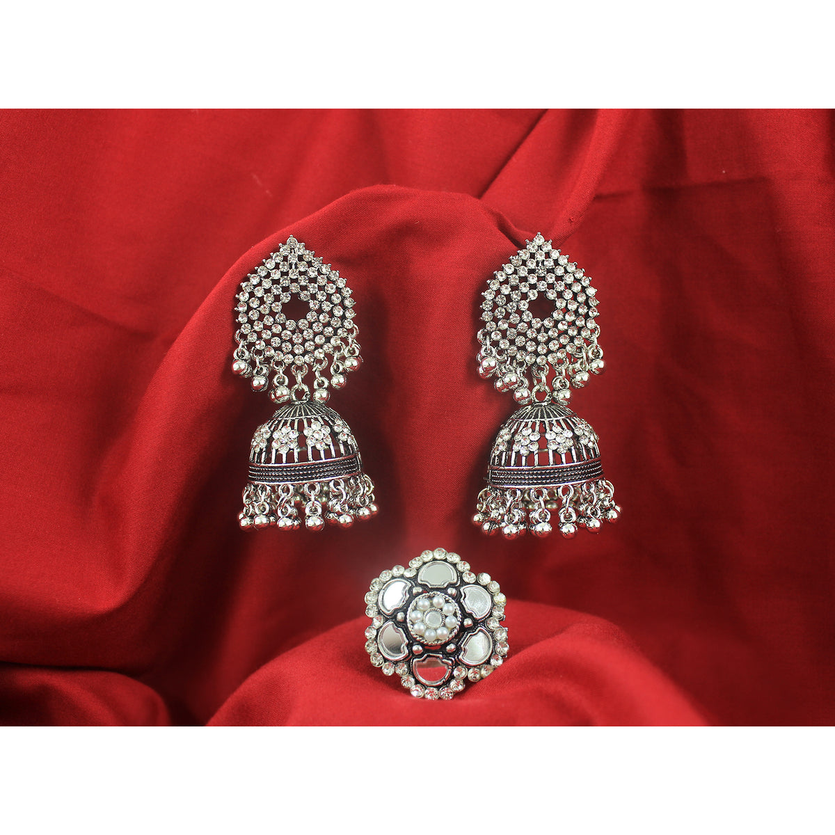 JFL - Jewellery for Less Combo of Oxidised Stone-Studded Ethnic Jewelry Set for Women & Girls | Jhumka Earrings, Mirror Work Maang Tikka & Floral Finger Ring(Navratri Special)