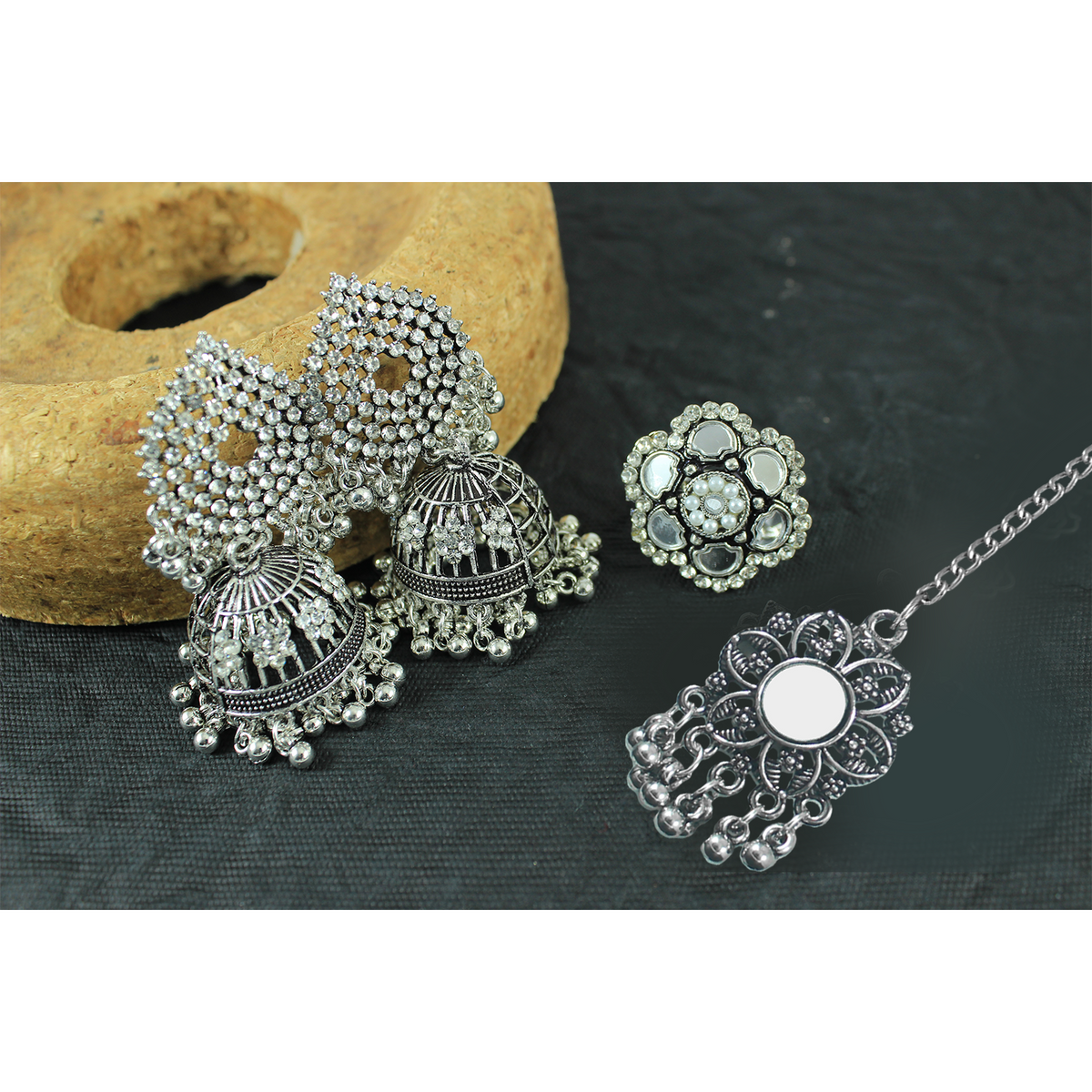 JFL - Jewellery for Less Combo of Oxidised Stone-Studded Ethnic Jewelry Set for Women & Girls | Jhumka Earrings, Mirror Work Maang Tikka & Floral Finger Ring(Navratri Special)