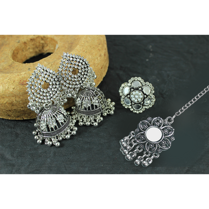 JFL - Jewellery for Less Combo of Oxidised Stone-Studded Ethnic Jewelry Set for Women & Girls | Jhumka Earrings, Mirror Work Maang Tikka & Floral Finger Ring(Navratri Special)