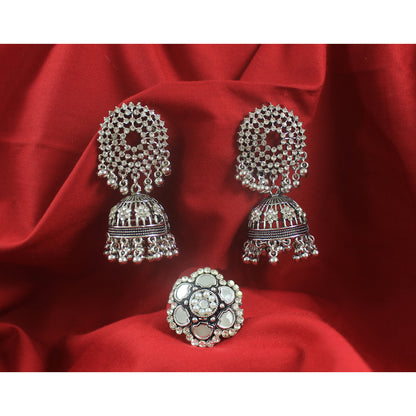 JFL - Jewellery for Less Oxidised Silver-Plated Earrings, Maang Tikka & Finger Ring Combo – Antique Finish with Mirrow Work – Ethnic Jewellery Set for Navratri