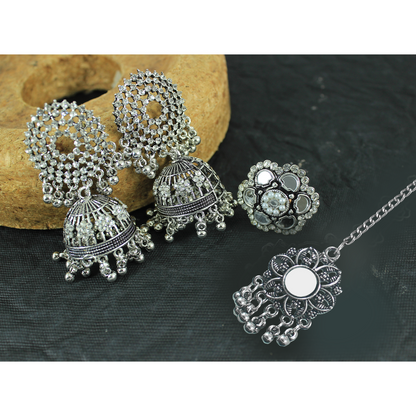 JFL - Jewellery for Less Oxidised Silver-Plated Earrings, Maang Tikka & Finger Ring Combo – Antique Finish with Mirrow Work – Ethnic Jewellery Set for Navratri
