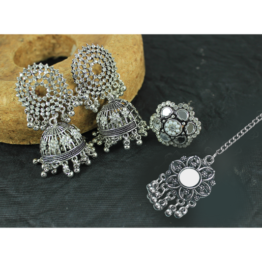 JFL - Jewellery for Less Oxidised Silver-Plated Earrings, Maang Tikka & Finger Ring Combo – Antique Finish with Mirrow Work – Ethnic Jewellery Set for Navratri