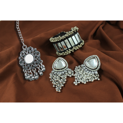 JFL - Jewellery for Less Traditional Mirror Work Oxidized Jewelry Set Earrings, Bracelet & Maang Tikka Combo for Women & Girls (Navratri Special)