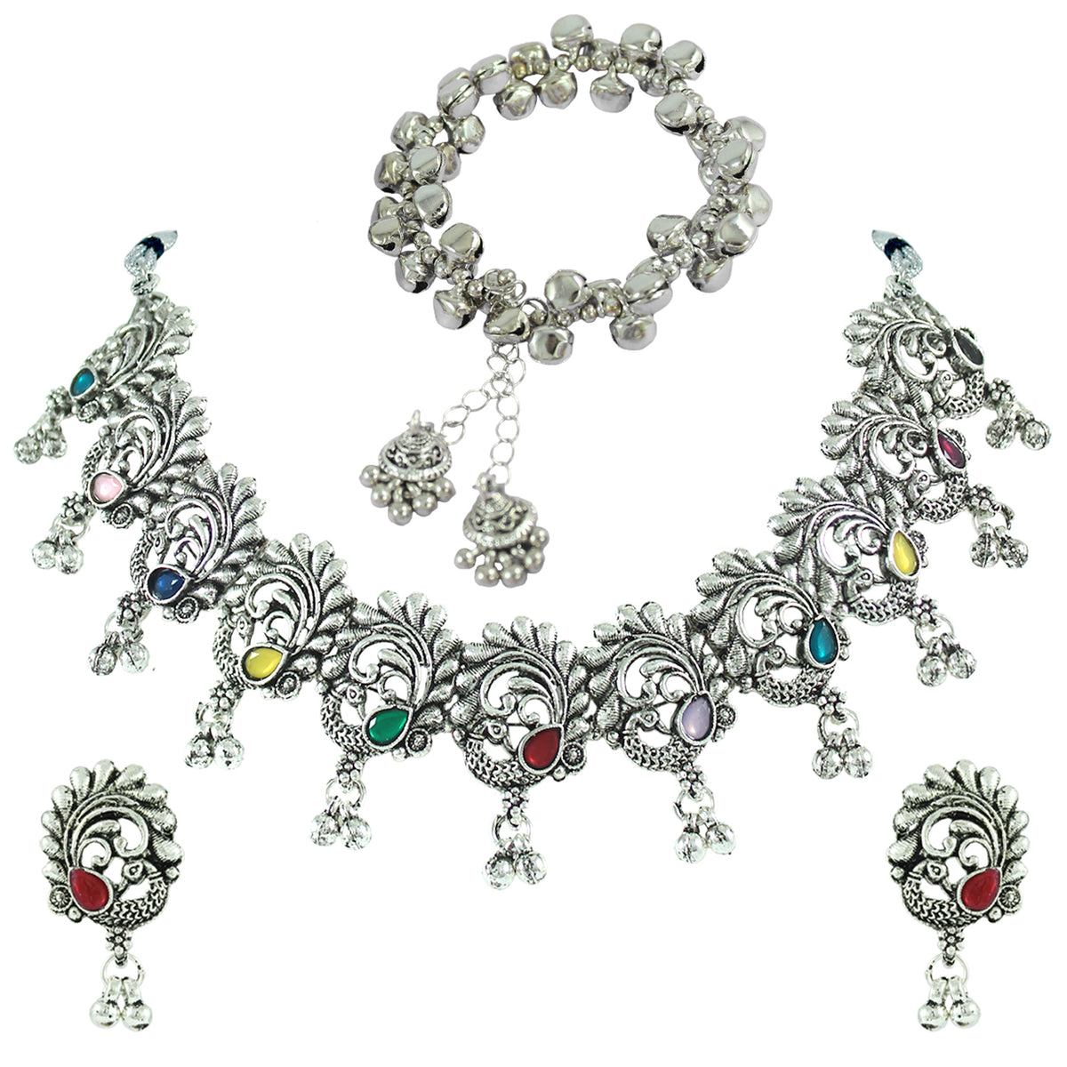 JFL - Jewellery for Less Traditional Oxidized Multicolor Stone Peacock Choker Necklace Set with Ghungroo Bracelet for Women & Girls (Navratri Special)