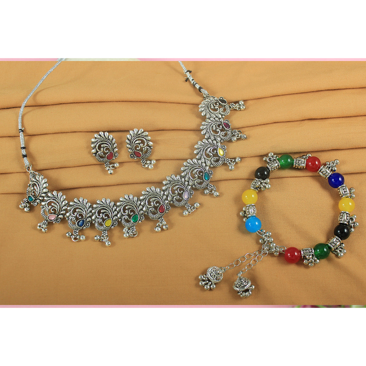JFL - Jewellery for Less Traditional Oxidized Multicolor Stone Peacock Choker Necklace Set with Multicolor Beaded Bracelet for Women & Girls (Navratri Special)