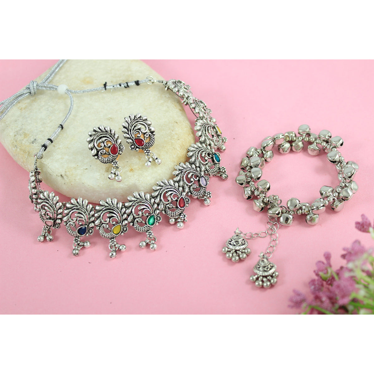 JFL - Jewellery for Less Traditional Oxidized Multicolor Stone Peacock Choker Necklace Set with Ghungroo Bracelet for Women & Girls (Navratri Special)