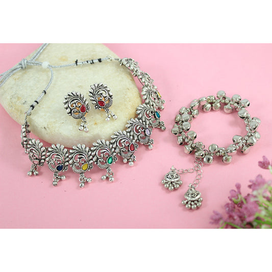 JFL - Jewellery for Less Traditional Oxidized Multicolor Stone Peacock Choker Necklace Set with Ghungroo Bracelet for Women & Girls (Navratri Special)