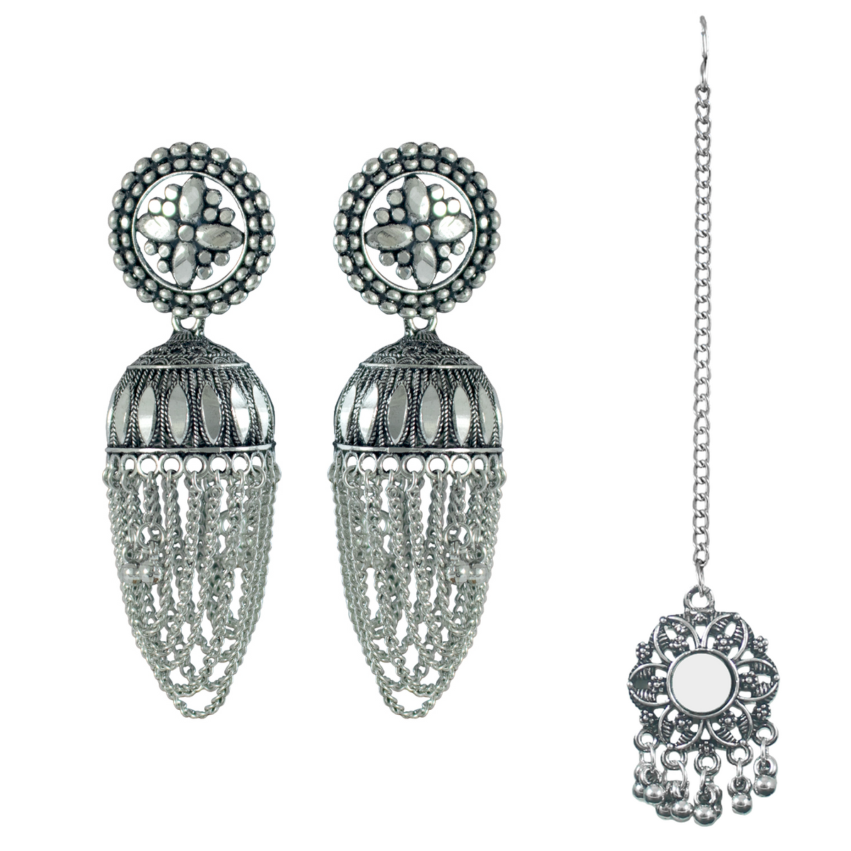 JFL - Jewellery for Less Oxidised Silver-Plated Traditional Jhumka Earrings & Maang Tikka Set for Women & GirlsCombo for Navratri, Weddings