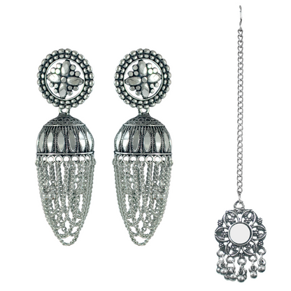 JFL - Jewellery for Less Oxidised Silver-Plated Traditional Jhumka Earrings & Maang Tikka Set for Women & GirlsCombo for Navratri, Weddings